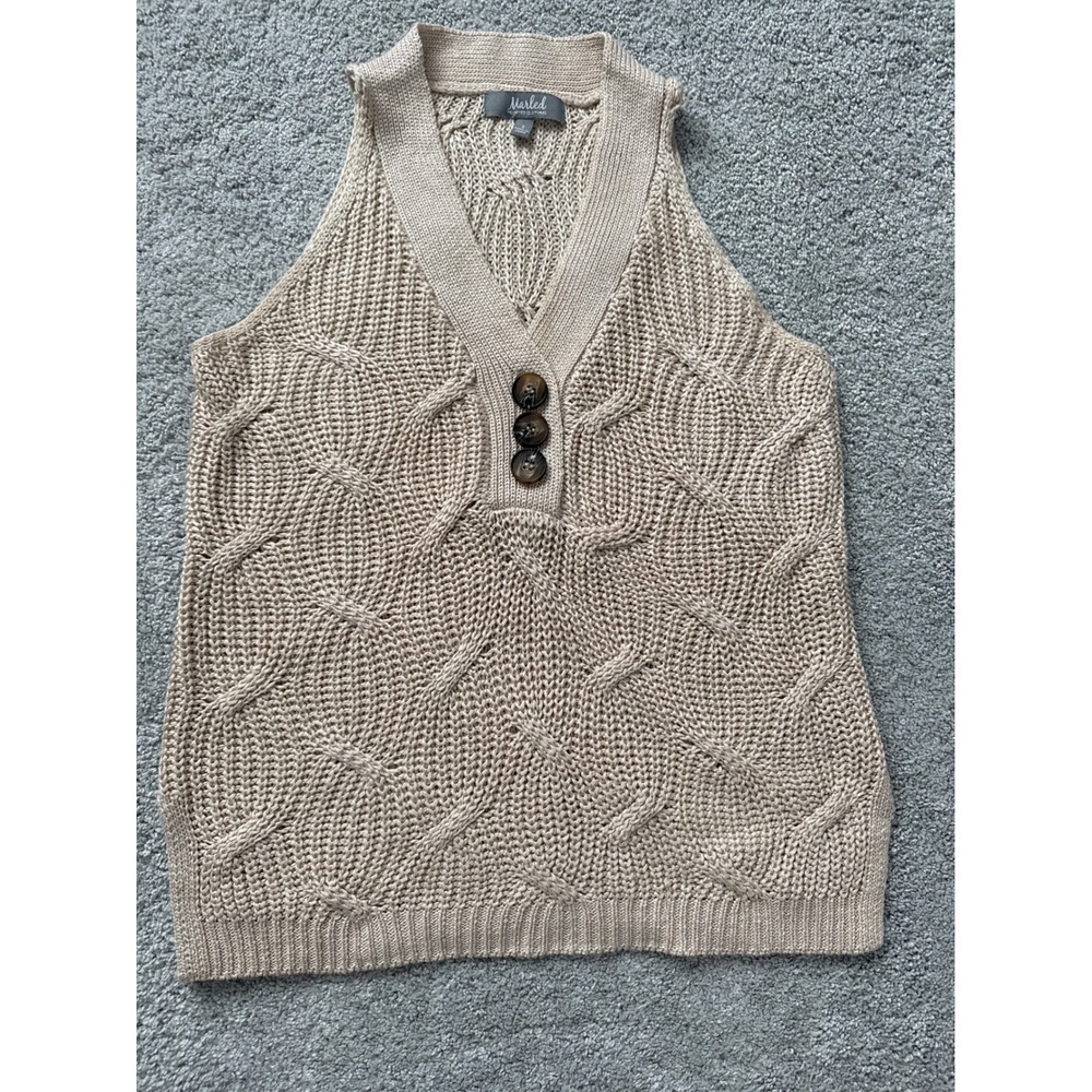 Marled Reunited‎ Clothing Tan Cable Knit Sleeveless Sweater Vest Button V-Neck S